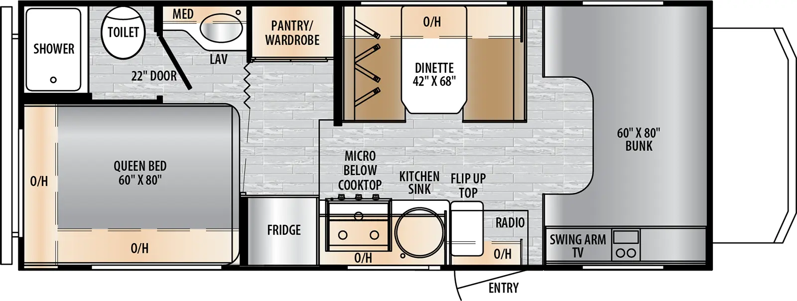 The Entrada 210NS floorplan has one entry and zero slide outs. Exterior features include: 15'6" awning and outside kitchen. Interiors features include: bunk over cab and dinette.